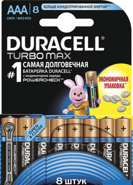Батарейка AAA Duracell LR03-8BL Turbo, 1.5B, (8/80)