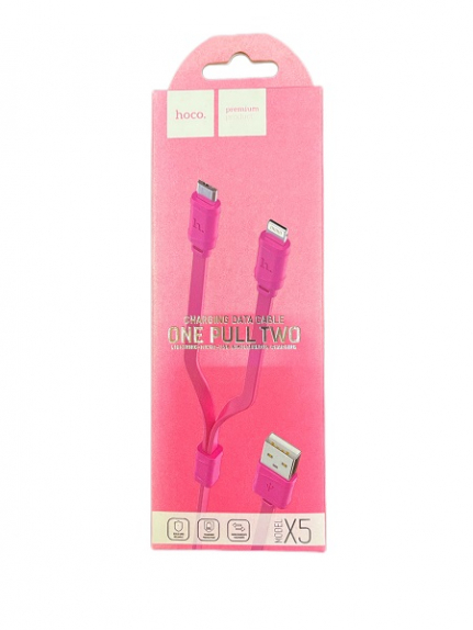 Кабель USB - Apple 8 pin, микро USB HOCO X5 Bamboo, 1.0м, плоский, 2.1A, силикон, цвет: розовый
