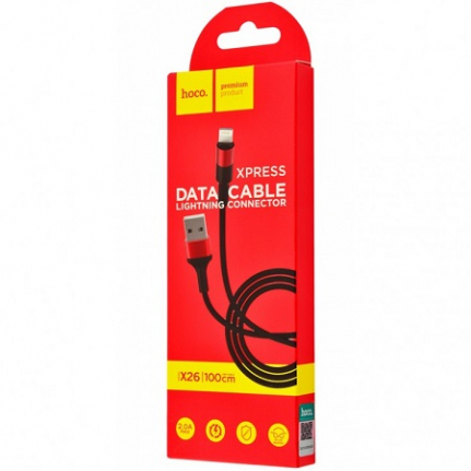 Кабель USB - Apple 8 pin HOCO X26 Xpress, 1.0м, круглый, 2.4A, ткань, цвет: чёрный, красная вставка