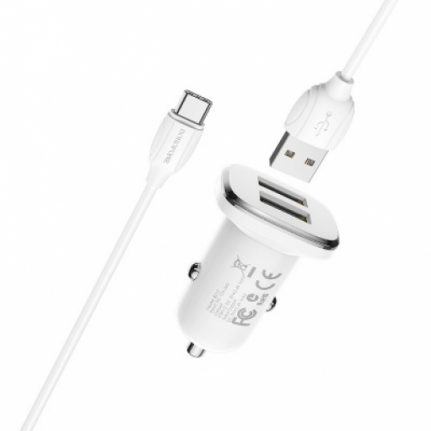 АЗУ 2 USB Borofone, BZ12, Lasting, 2400mA, пластик, кабель Type-C, цвет: белы