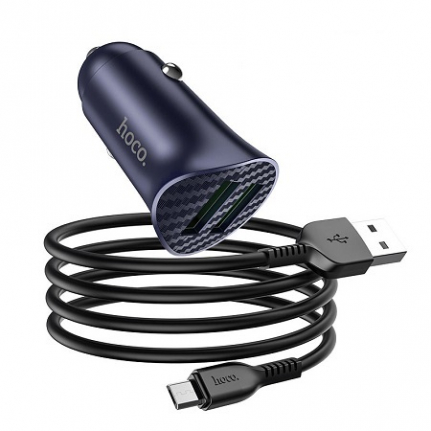 АЗУ 2 USB HOCO, Z39, пластик, QC3.0 кабель микро USB, цвет: синий