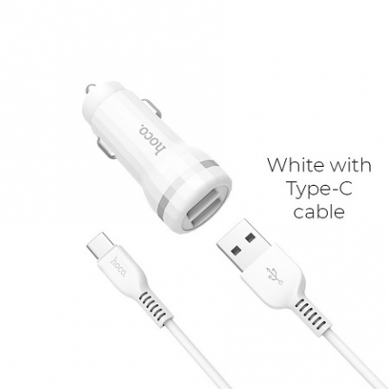 АЗУ 2 USB HOCO, Z27, Staunch, 2400mA, пластик, кабель Type-C, цвет: белый