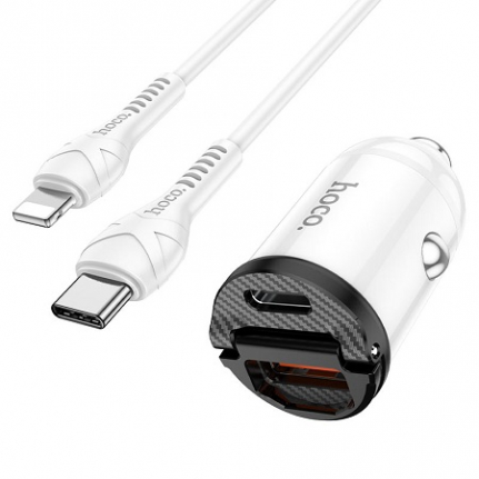 АЗУ 1 USB, Type-C HOCO, NZ2, link, QC3.0, PD30W, кабель 8 pin, Type-C, белый