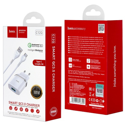 СЗУ 1 USB HOCO, C12Q, 3000mA, пластик, QC3.0, кабель Type-C, цвет: белый