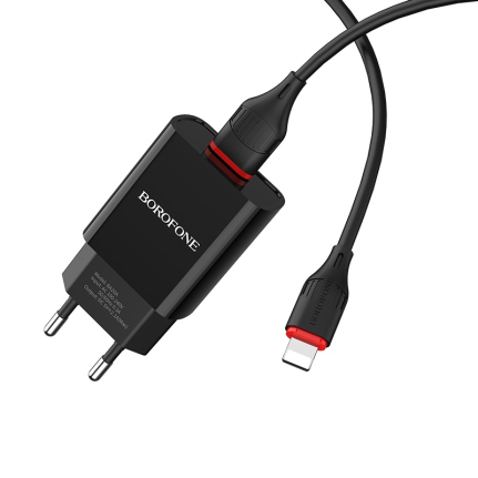 СЗУ 1 USB Borofone, BA20A, Sharp, 2100mA, пластик, кабель 8 pin, цвет: чёрный