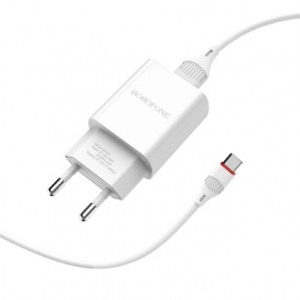 СЗУ 1 USB Borofone, BA20A, Sharp, 2100mA, пластик, кабель Type-C, цвет: белый