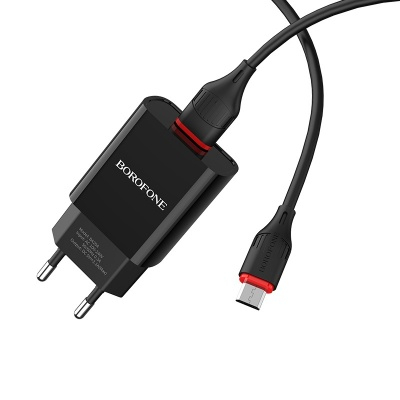 СЗУ 1 USB Borofone BA20A, Sharp, 2100mA, кабель микро USB, цвет: чёрный