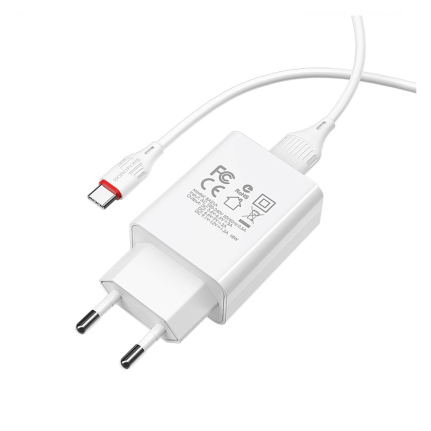 СЗУ 1 USB Borofone, BA21A, Long, 3000mA, пластик, QC3.0, кабель Type-C, цвет: белый