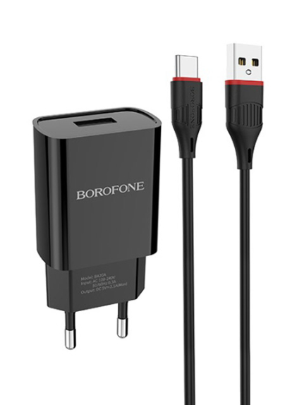 СЗУ 1 USB Borofone, BA20A, Sharp, 2100mA, пластик, кабель Type-C, цвет: чёрный
