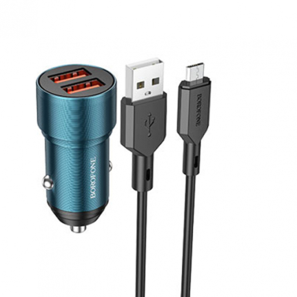 АЗУ 2 USB Borofone BZ19, Wisdom, 12Вт, кабель микро USB, цвет: синий