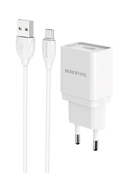 СЗУ 1 USB Borofone BA19A, Nimble, 1000mA, кабель микро USB, цвет: белый