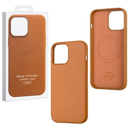 Чехол для iPhone 14 Pro Max Leather Case 100% ORG Golden Brown (MagSafe) c LOGO