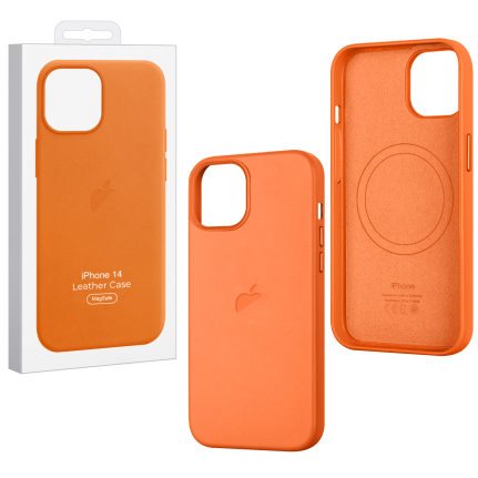 Чехол для iPhone 14 Leather Case 100% ORG Orange (MagSafe) c LOGO
