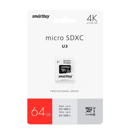 Карта памяти microSDXC 64Gb SmartBuy, Class10 PRO U3, 90/60 MB/s, с адаптером